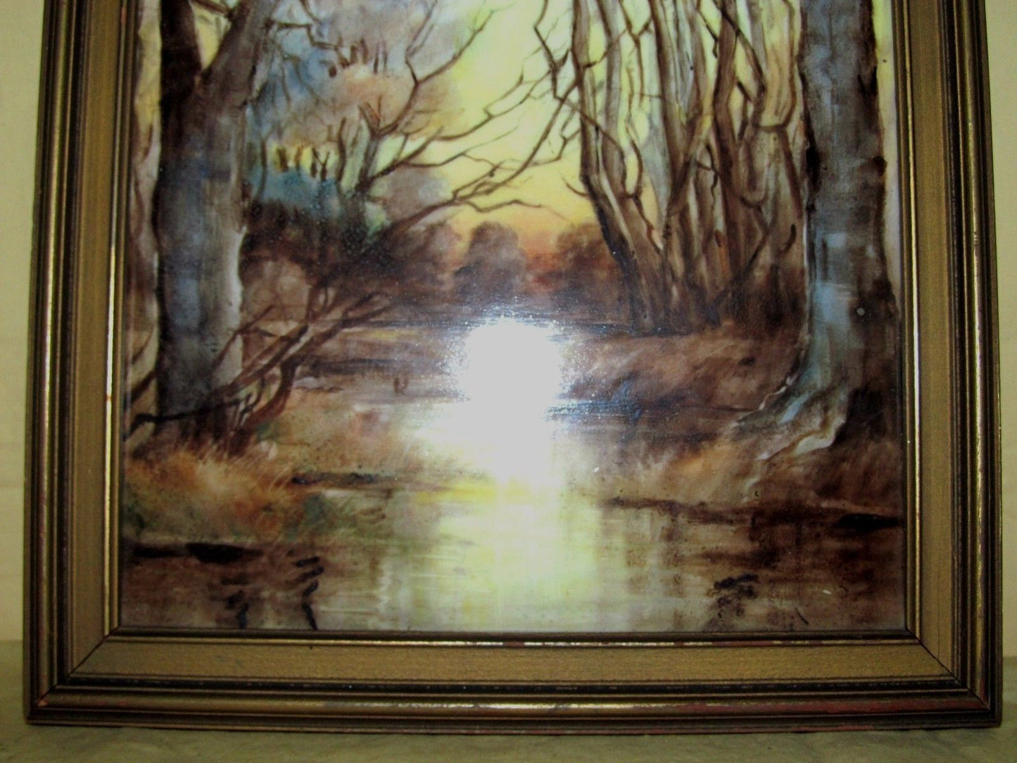 ANTIQUE OIL ON PORCELAIN PLAQUE LANDSCAPE PAINTING OF BIRCHES & STREAM