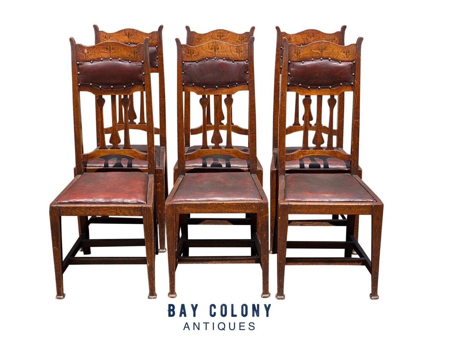 Set of Six Arts & Crafts Mission Oak Dining Chairs With Tulip Inlaid Crest Rails