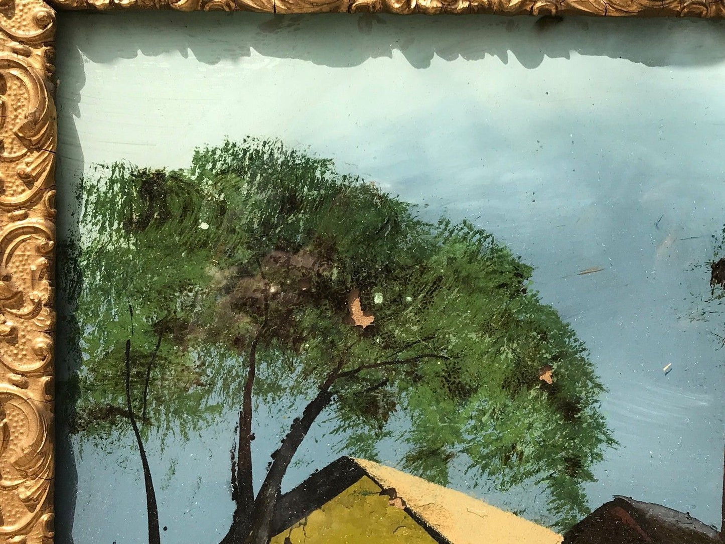 19TH C. NEW ENGLAND COTTAGE LANDSCAPE W/ MOTHER OF PEARL ILLUMINATED MOON