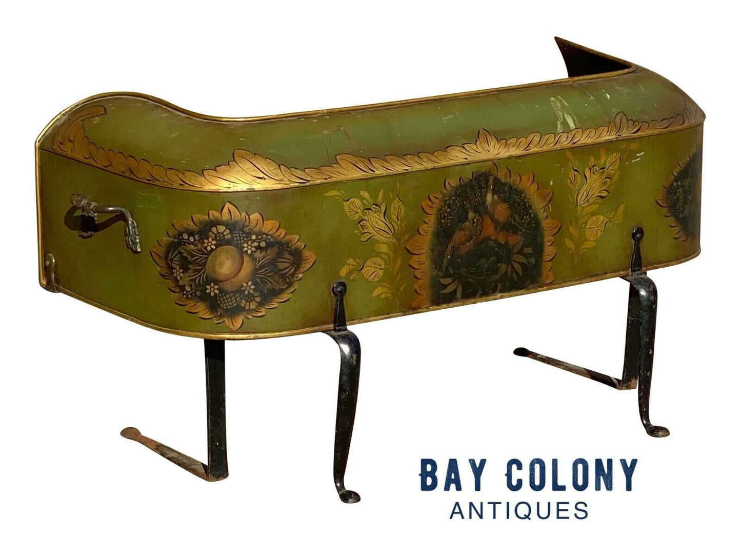 19th C Antique Green & Gilt Paint Tole Fireplace Warmer W/ Folk Art Paintings