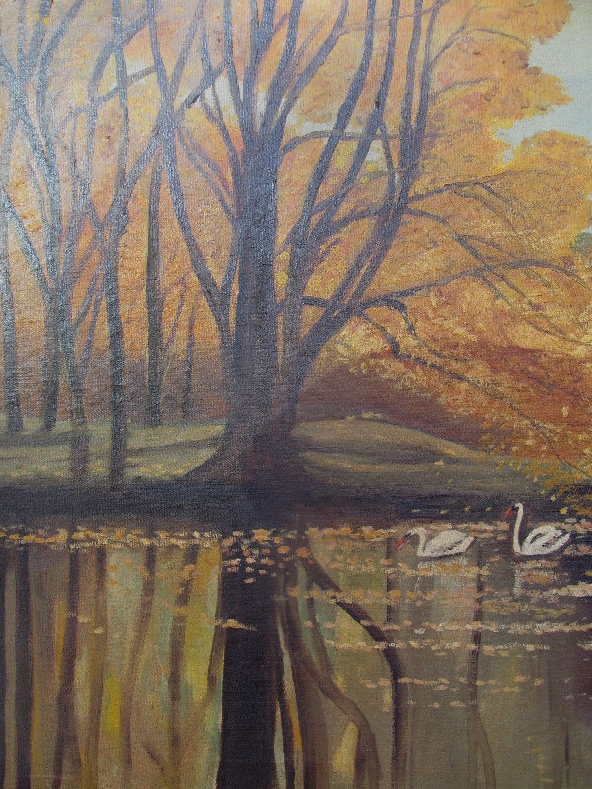 OIL ON CANVAS LANDSCAPE WITH SWANS ON LAKE