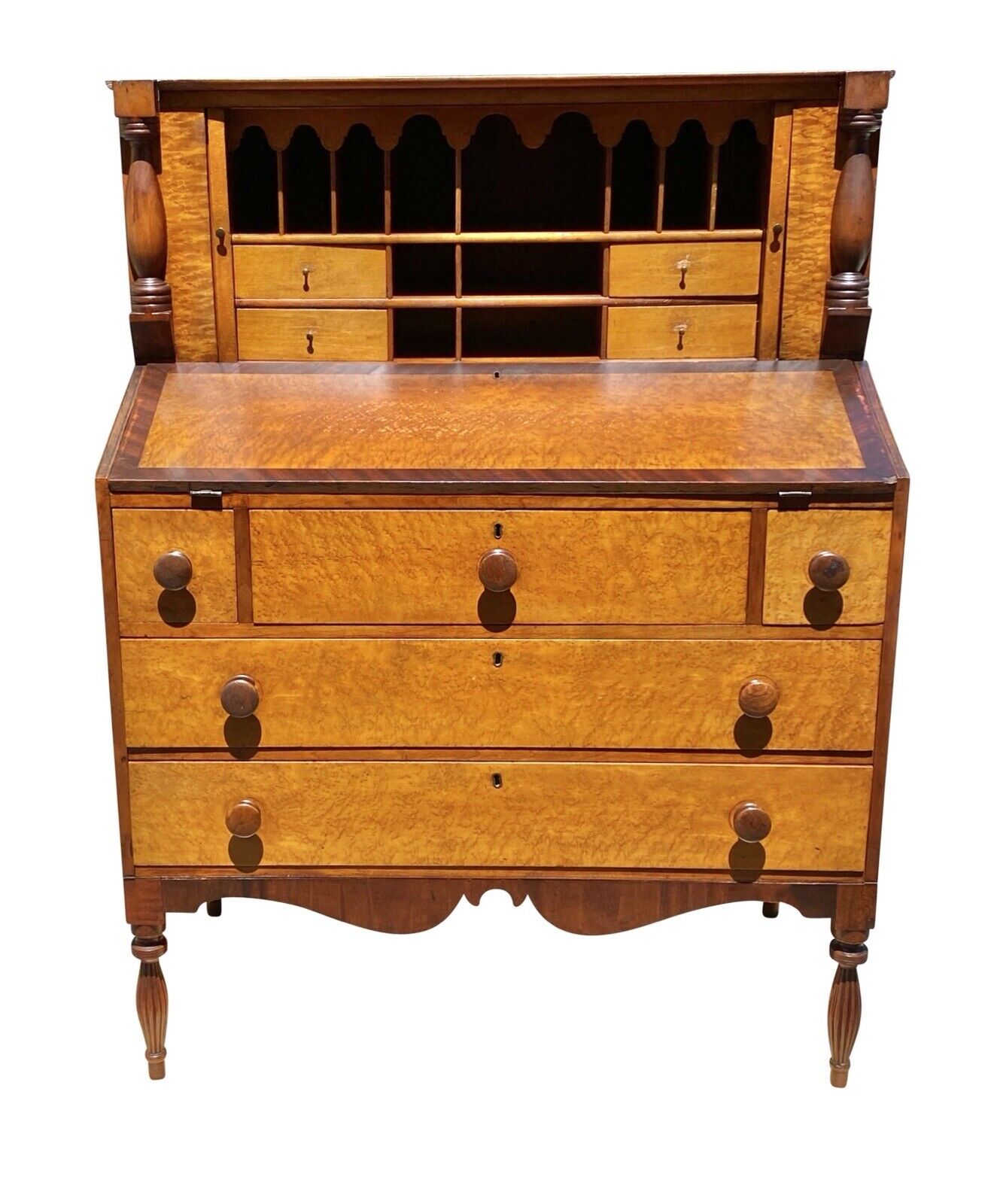 Antique Sheraton Birds Eye Maple & Cherry Vermont Tambour Secretary Desk
