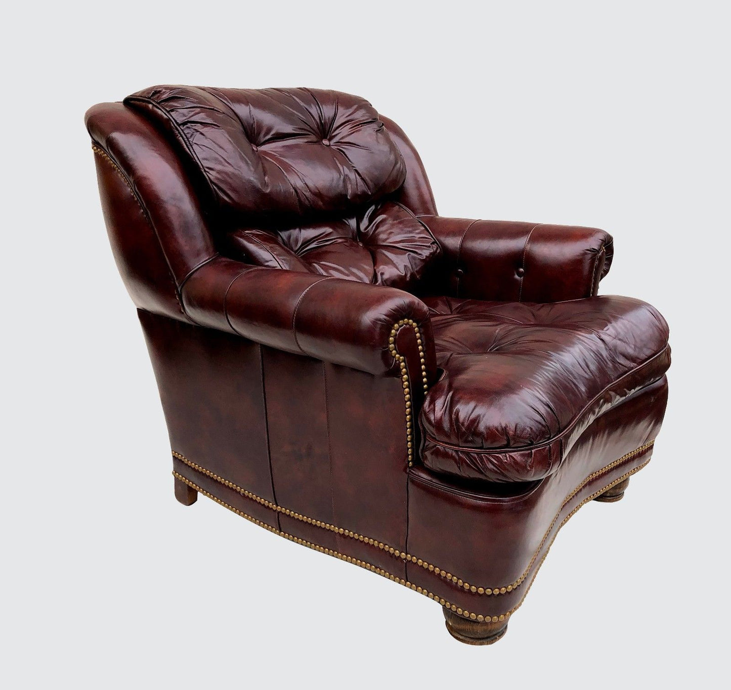 PAIR HANCOCK & MOORE WINE COLORED LEATHER CHESTERFIELD CLUB CHAIRS