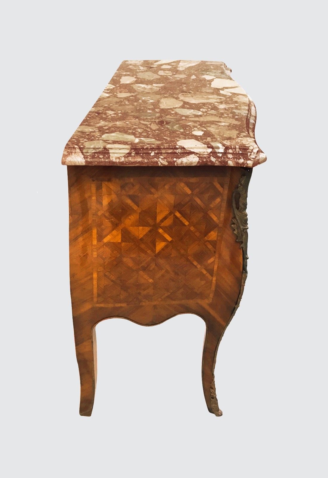 FRENCH LOUIS XV STYLED MARBLED TOPPED BOMBE FORMED DRESSER CONSOLE