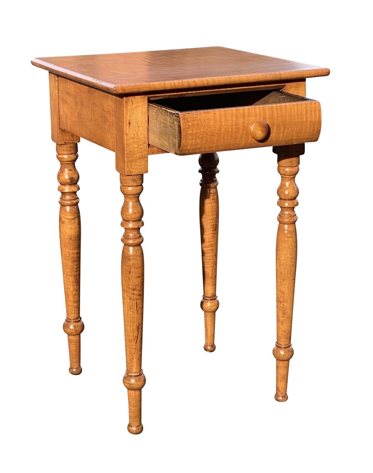 19th C Antique New England Sheraton Tiger Maple Single Drawer Stand / End Table