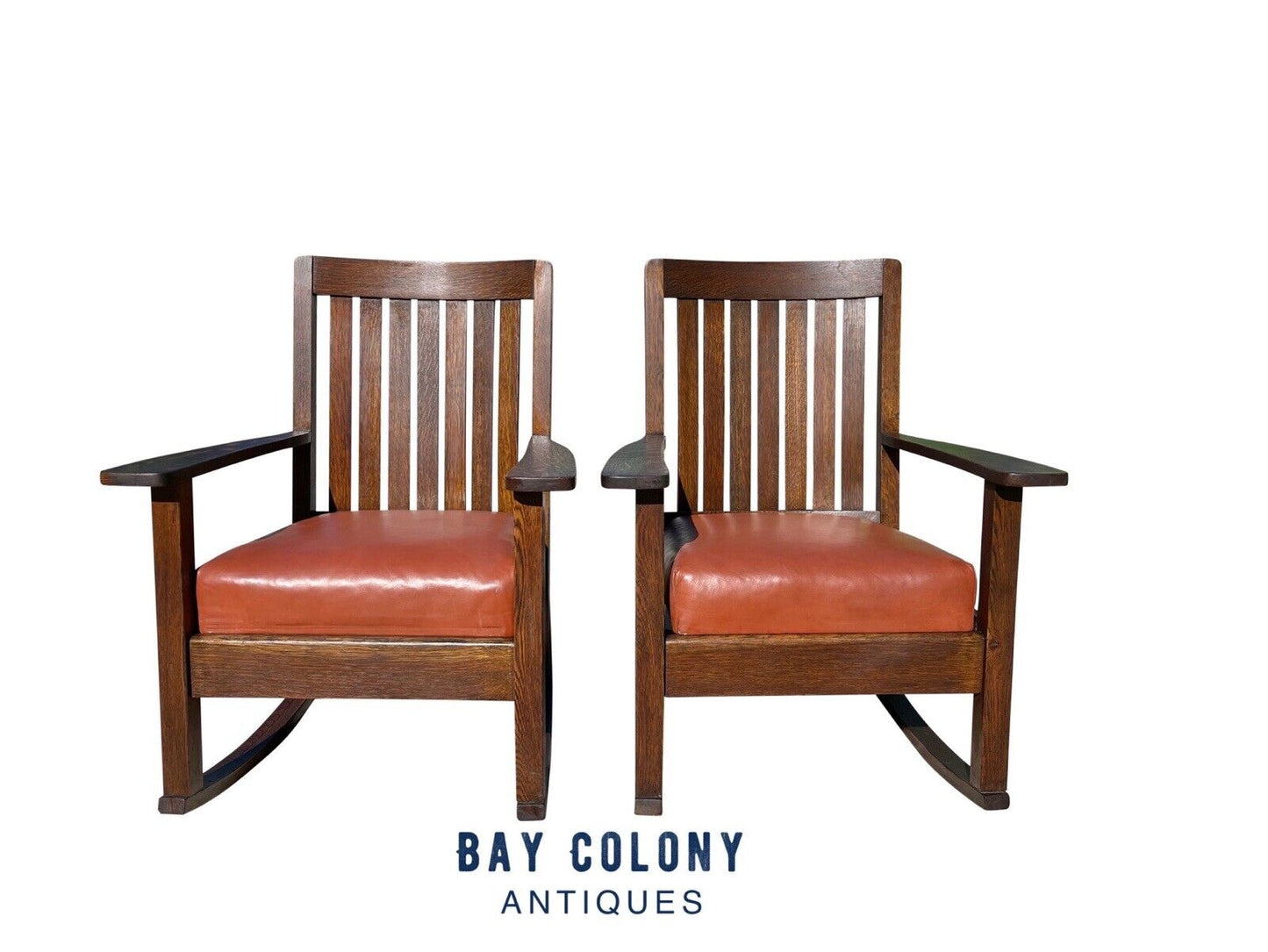 Pair of Antique Arts & Crafts Tiger Oak Rocking Chairs With Orange Leather Seats