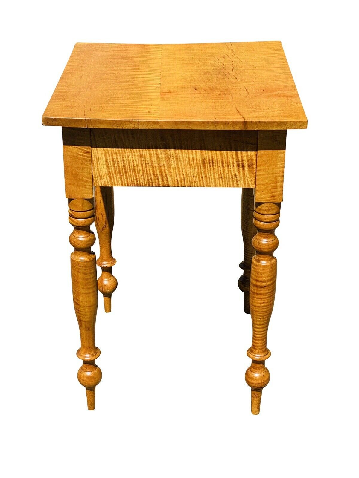 19TH C ANTIQUE AMERICAN TIGER MAPLE SHERATON WORK TABLE / NIGHT STAND