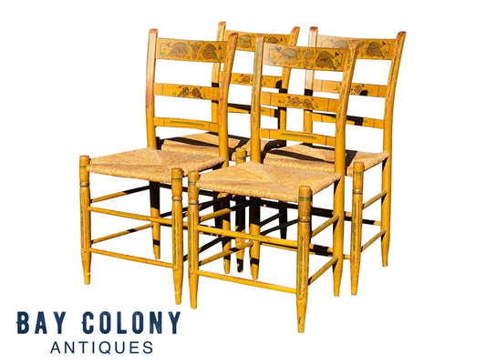 19TH C ANTIQUE COUNTRY PRIMITIVE SHERATON SET OF 4 FANCY PAINT DINING CHAIRS