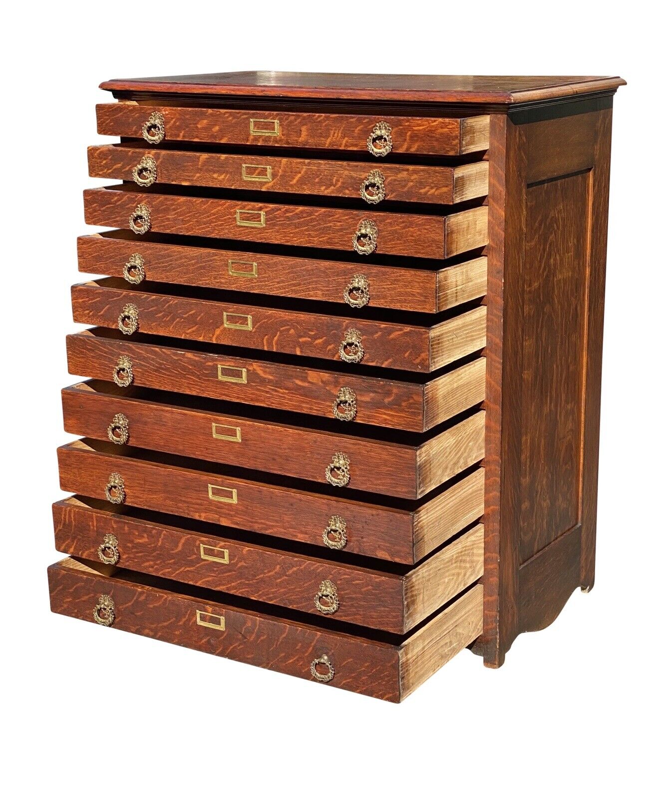 19th C Antique Victorian Tiger Oak 10 Drawer Map File Cabinet / Flat File