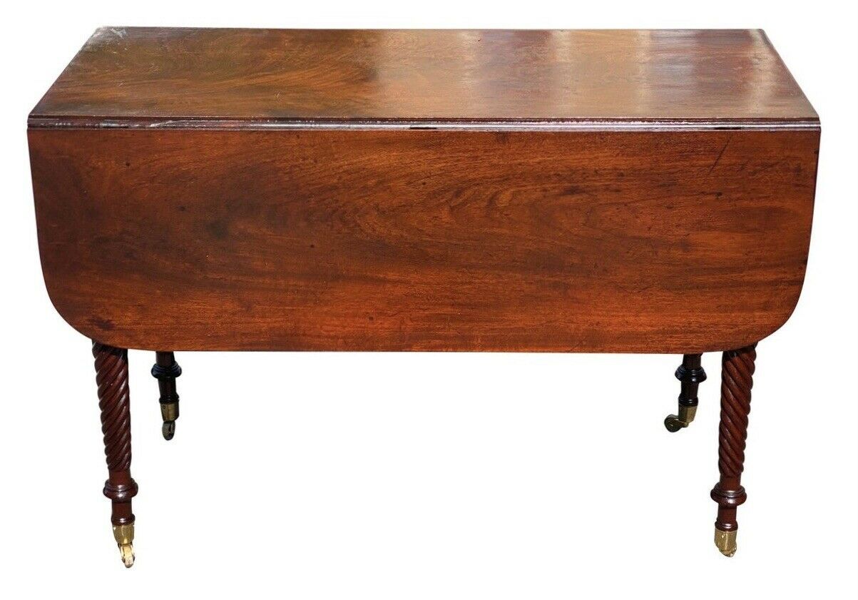 19TH C ANTIQUE SHERATON MAHOGANY DROP LEAF TABLE W/ ROPE CARVED LEGS