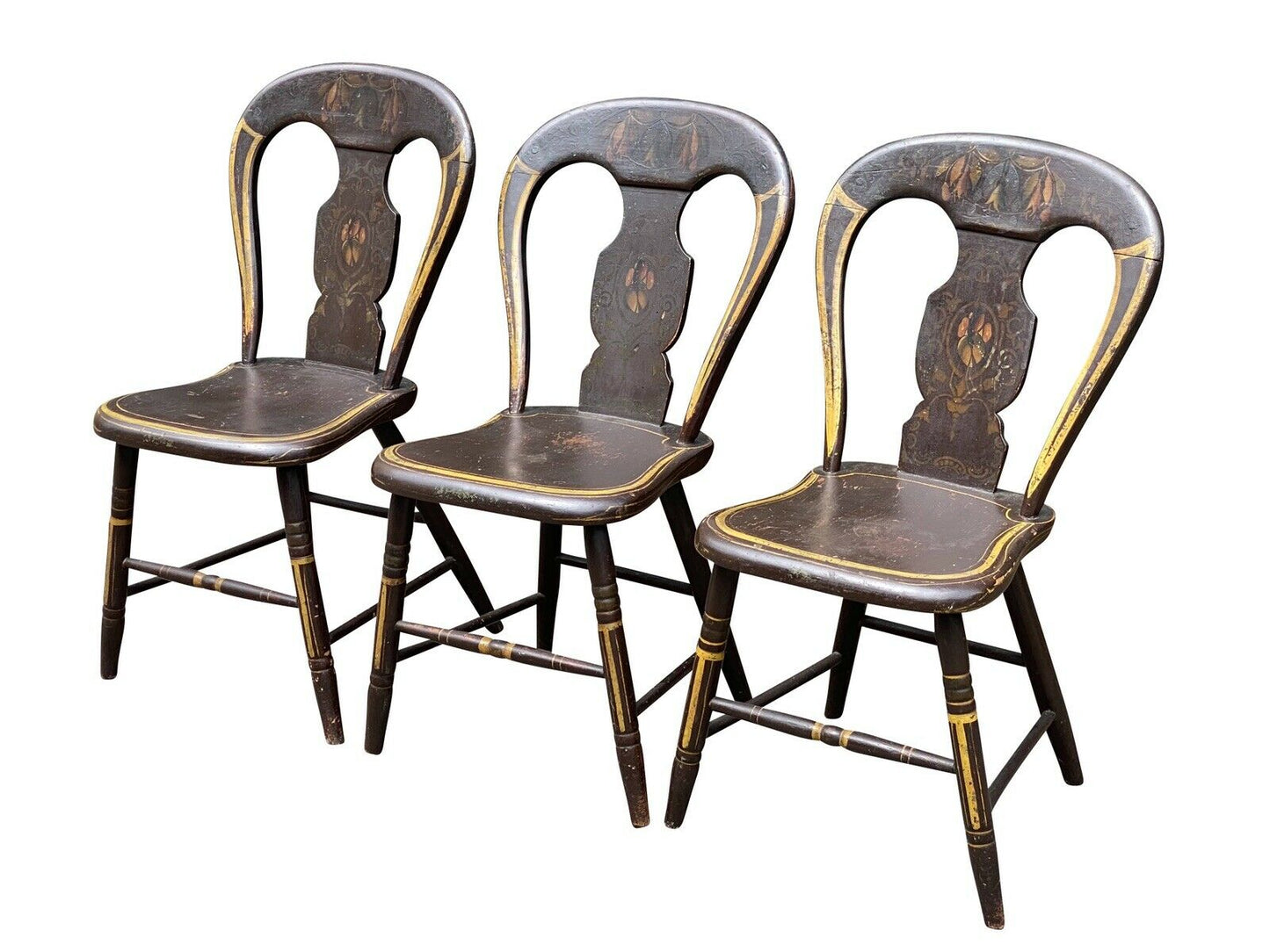Antique Country Primitive Set of 6 Fancy Paint Hoop Back Windsor Chairs