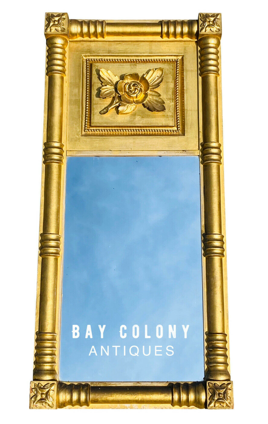 19TH C ANTIQUE SHERATON ROSE CARVED GILT MIRROR