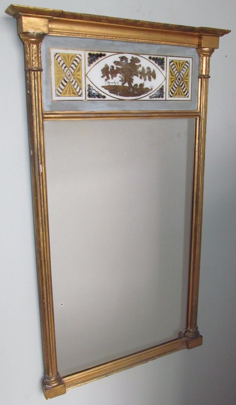 EXQUISITE EARLY 19TH CENTURY FEDERAL PERIOD EGLOMISE PANELED GOLD GILDED MIRROR