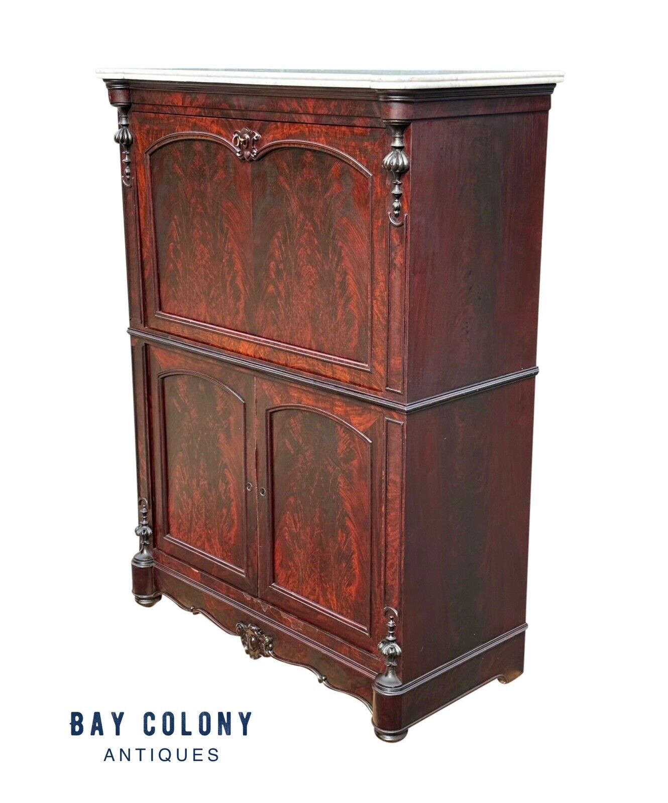 Antique Biedermeier Mahogany & Satinwood Secretary Abattant Desk With Marble Top