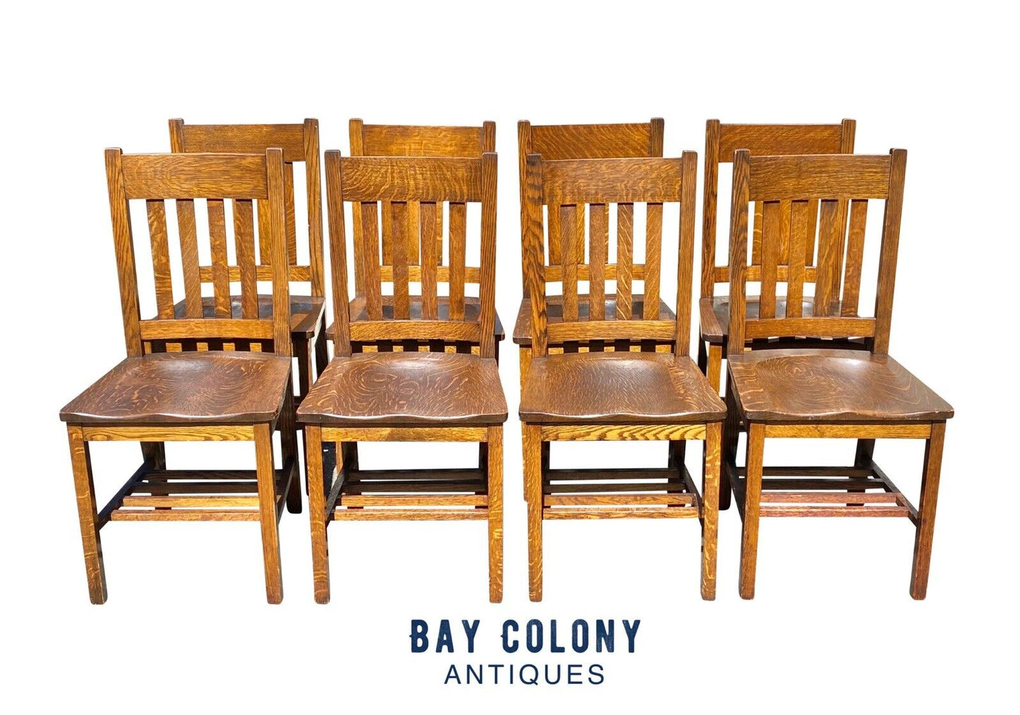 20th C Antique Arts & Crafts Set of 8 Tiger Oak Dining Chairs