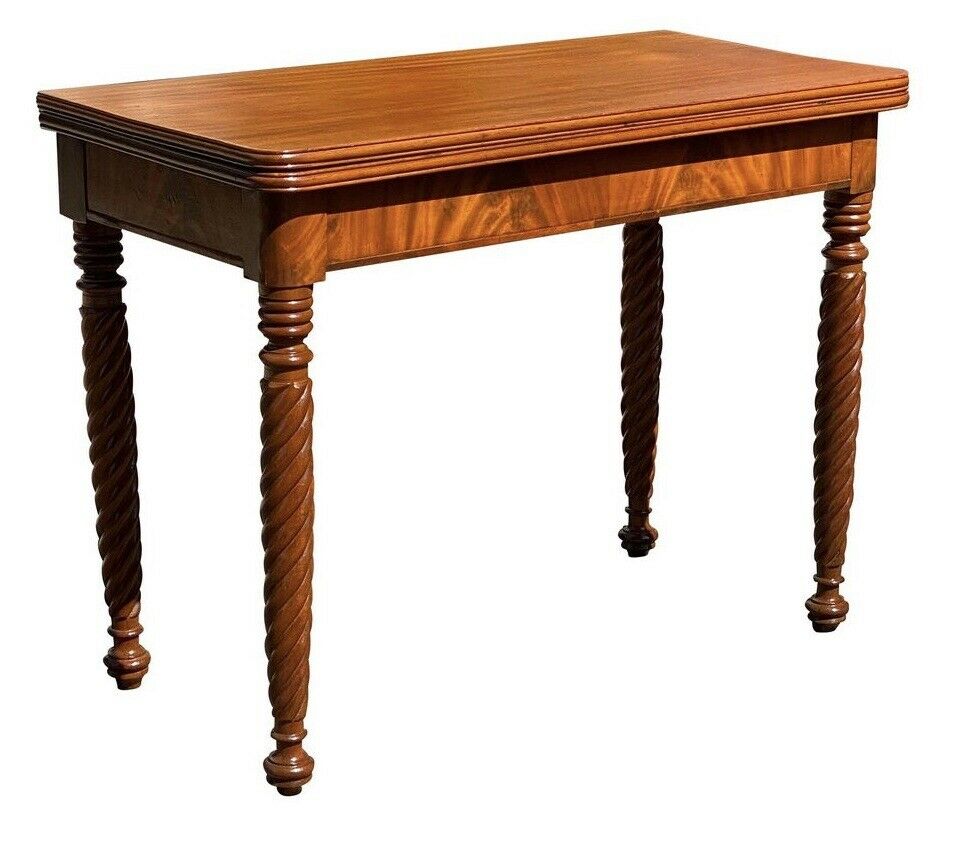 19TH C ANTIQUE SHERATON MAHOGANY ROPE LEG GAME TABLE / CARD TABLE
