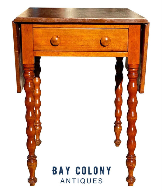 19th C Antique Sheraton Cherry Drop Leaf Work Table / Night Stand