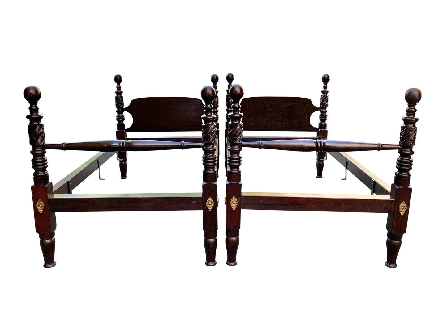 19th C Antique Pair of Twin Size Cannonball Beds W/ Acanthus Leaf Carved Posts
