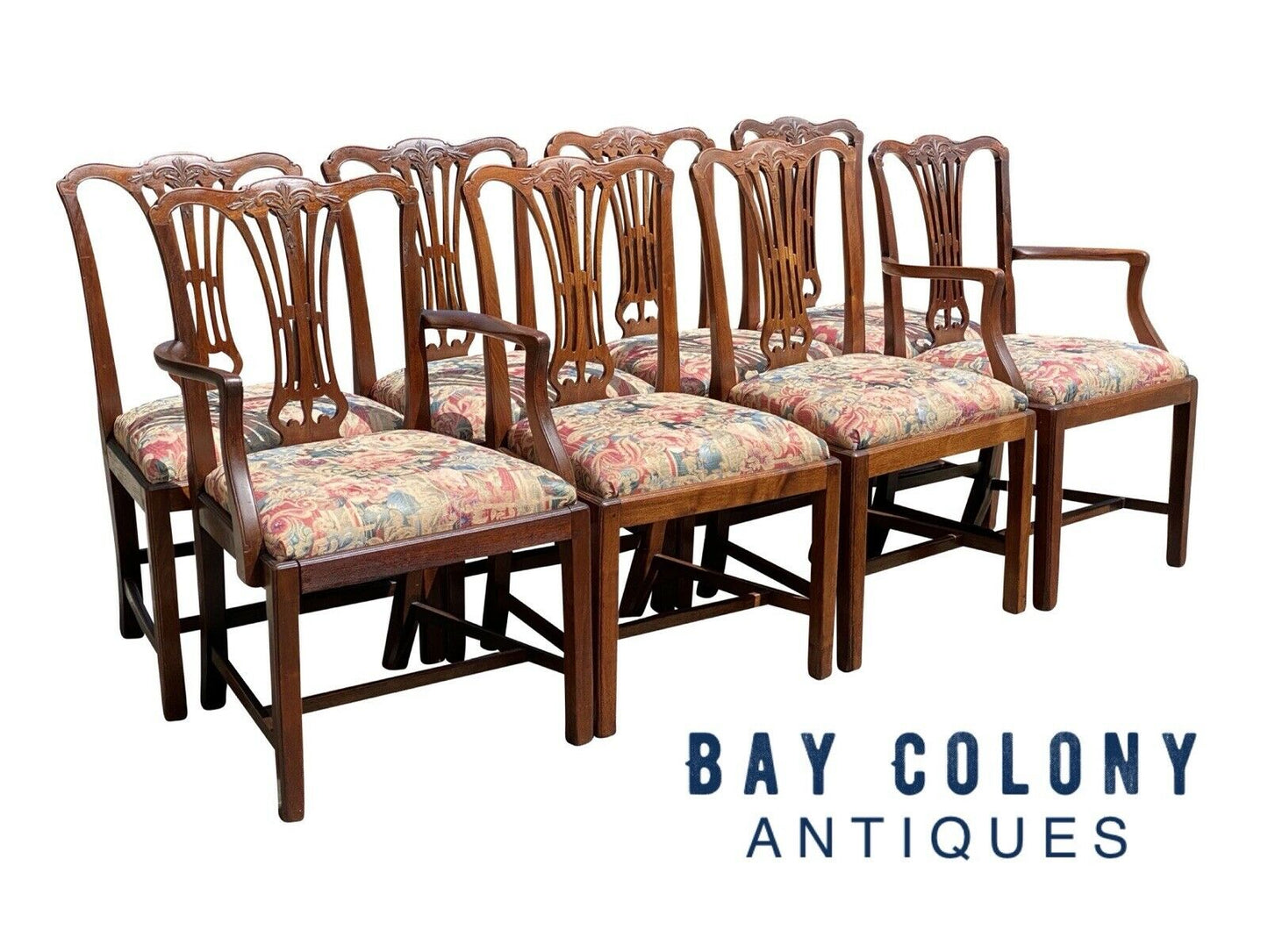 PAIR OF ANTIQUE MAHOGANY CHIPPENDALE DINING CHAIRS W/ FLORAL SEATS