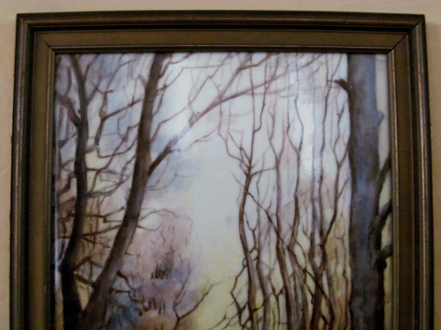 ANTIQUE OIL ON PORCELAIN PLAQUE LANDSCAPE PAINTING OF BIRCHES & STREAM
