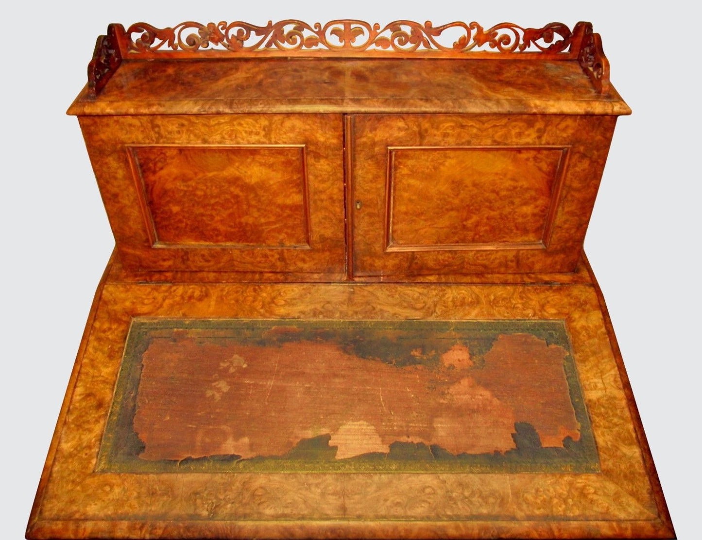 VICTORIAN BURLED WALNUT LADIES DESK W/ SHORT SECRETARY & PIERCED GALLERY