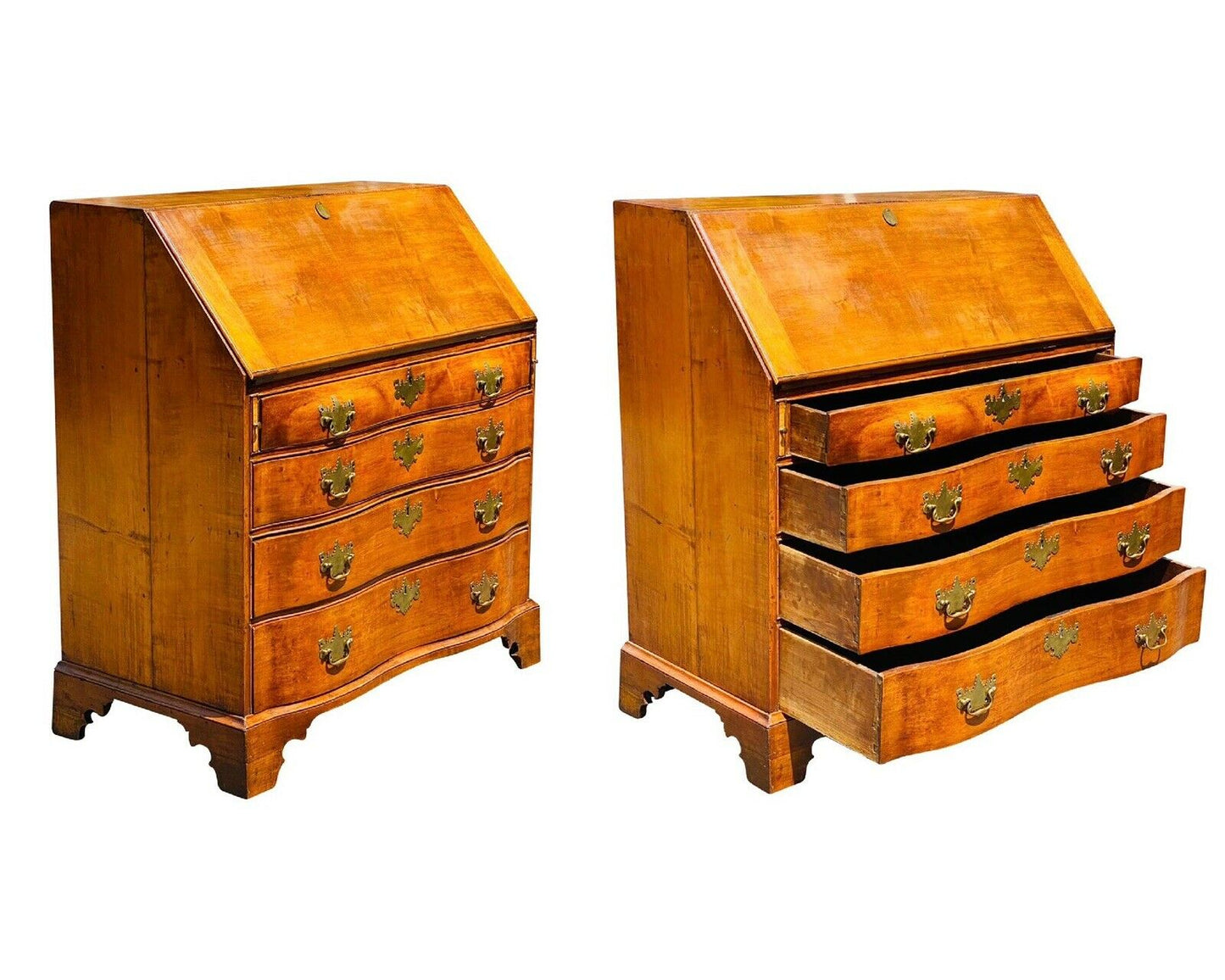 18TH C ANTIQUE CHIPPENDALE TIGER MAPLE MASSACHUSETTS OXBOW SLANT LID DESK