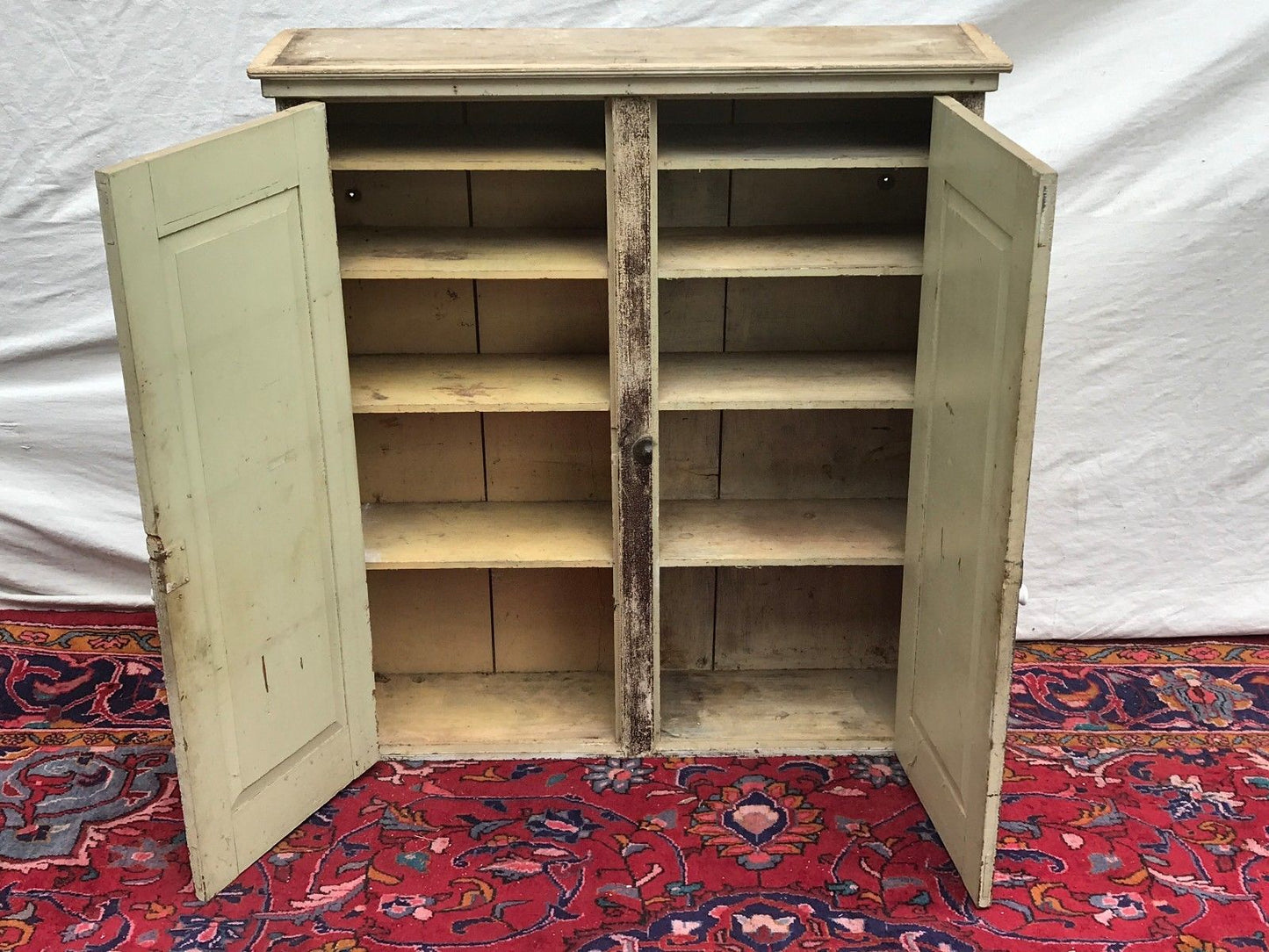19TH CENTURY PRIMITIVE PINE WALL CABINET IN NICE OLD GREEN PAINT FINISH
