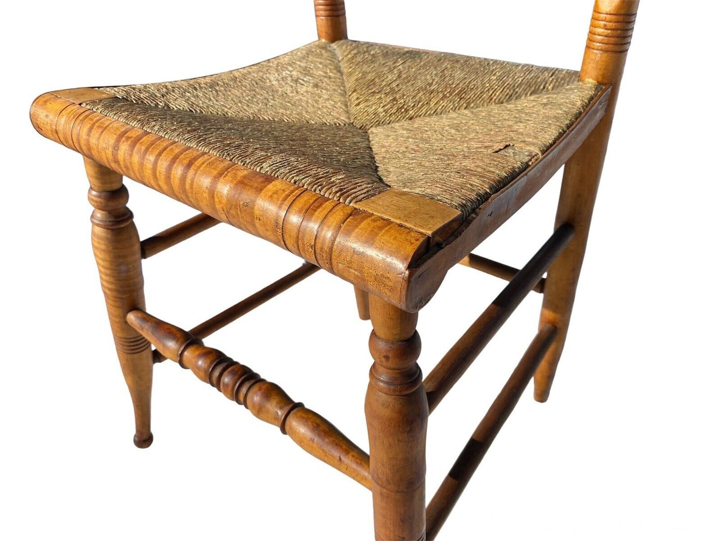 Antique Pair of Tiger Maple Side Chairs with Rush Seats