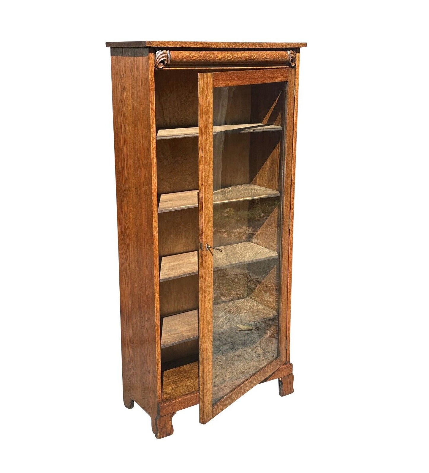 Antique Victorian Oak Carved Single Door Bookcase Cabinet With Adjusting Shelves