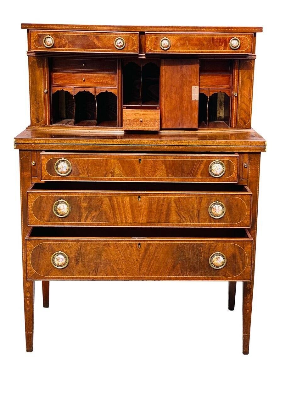 20TH C FEDERAL ANTIQUE STYLE BOSTON MAHOGANY LADIES TAMBOUR SECRETARY DESK