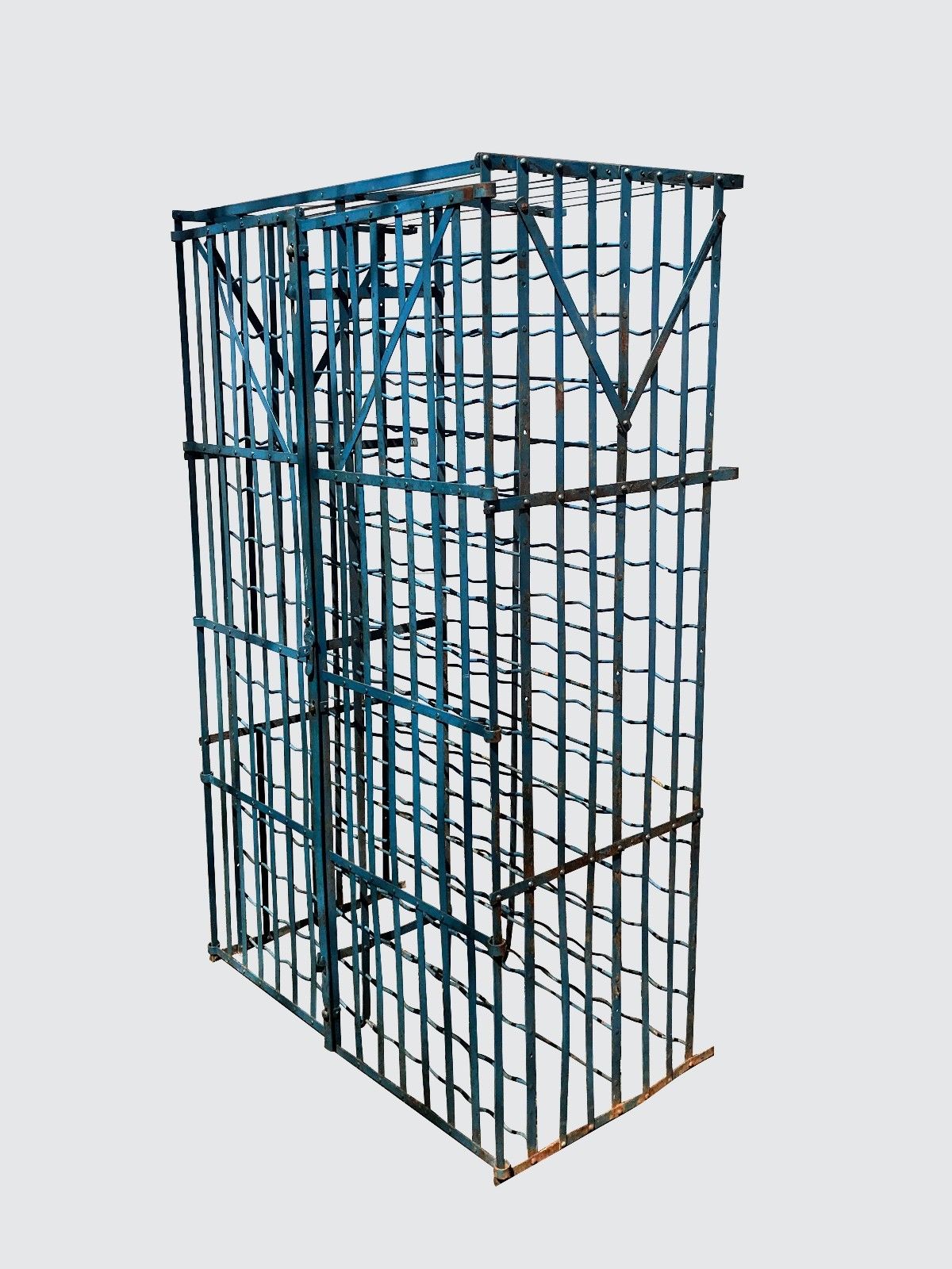 RARE & IMPORTANT PAIR FRENCH ART DECO ANTIQUE IRON WINE RACKS WITH LOCKING DOORS