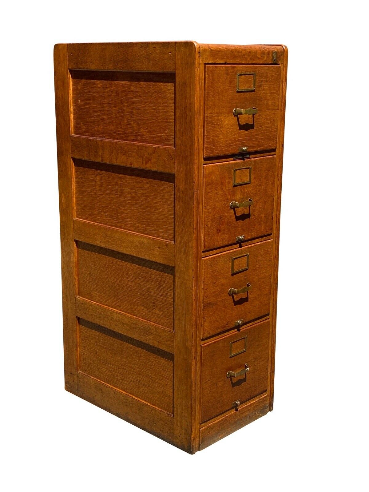 20TH C ANTIQUE ARTS & CRAFTS LIBRARY BUREAU 4 DRAWER TIGER OAK FILE CABINET