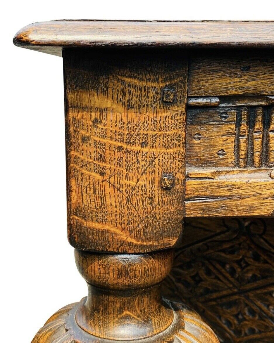 19th C Antique Tiger Oak Carved Jacobean Style Court Cupboard / Sideboard