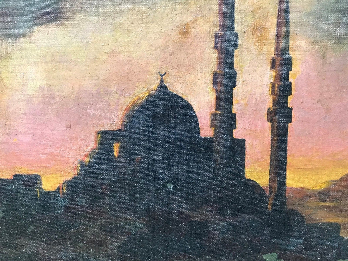 1922 RJ GRUNWALD OIL ON CANVAS VIEW OF ISTANBUL HARBOR ORIENTALIST SCENE - RARE