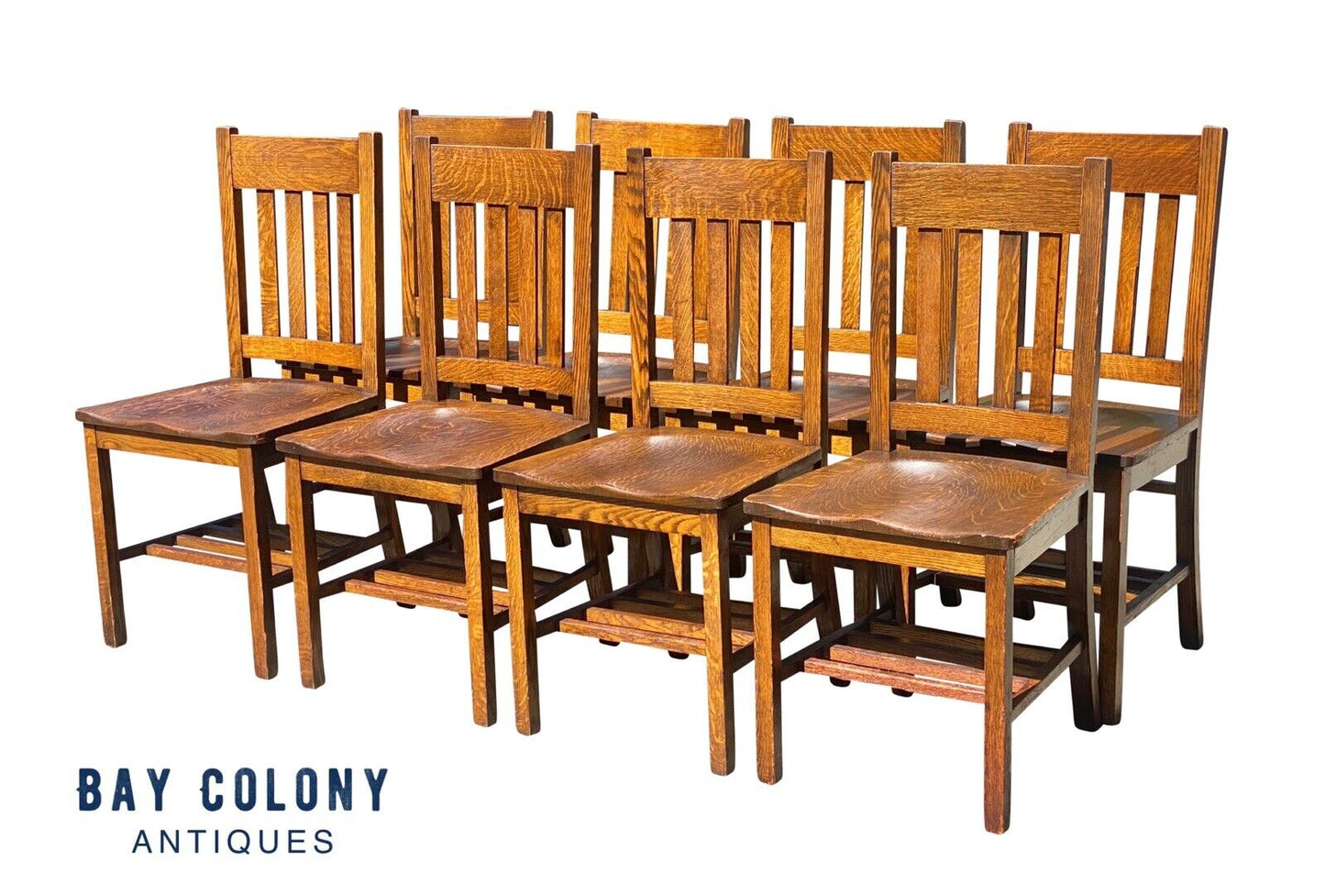 20th C Antique Arts & Crafts Set of 8 Tiger Oak Dining Chairs
