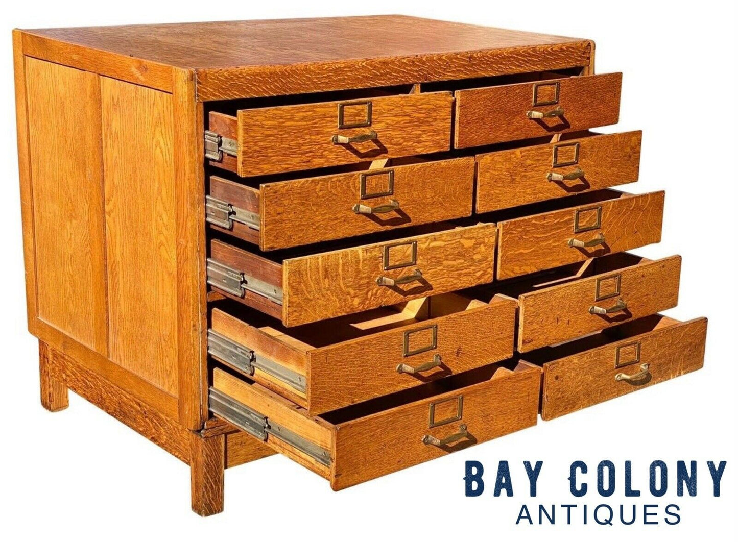 20TH C ANTIQUE ARTS & CRAFTS / MISSION OAK 10 DRAWER INDUSTRIAL OAK FILE CABINET