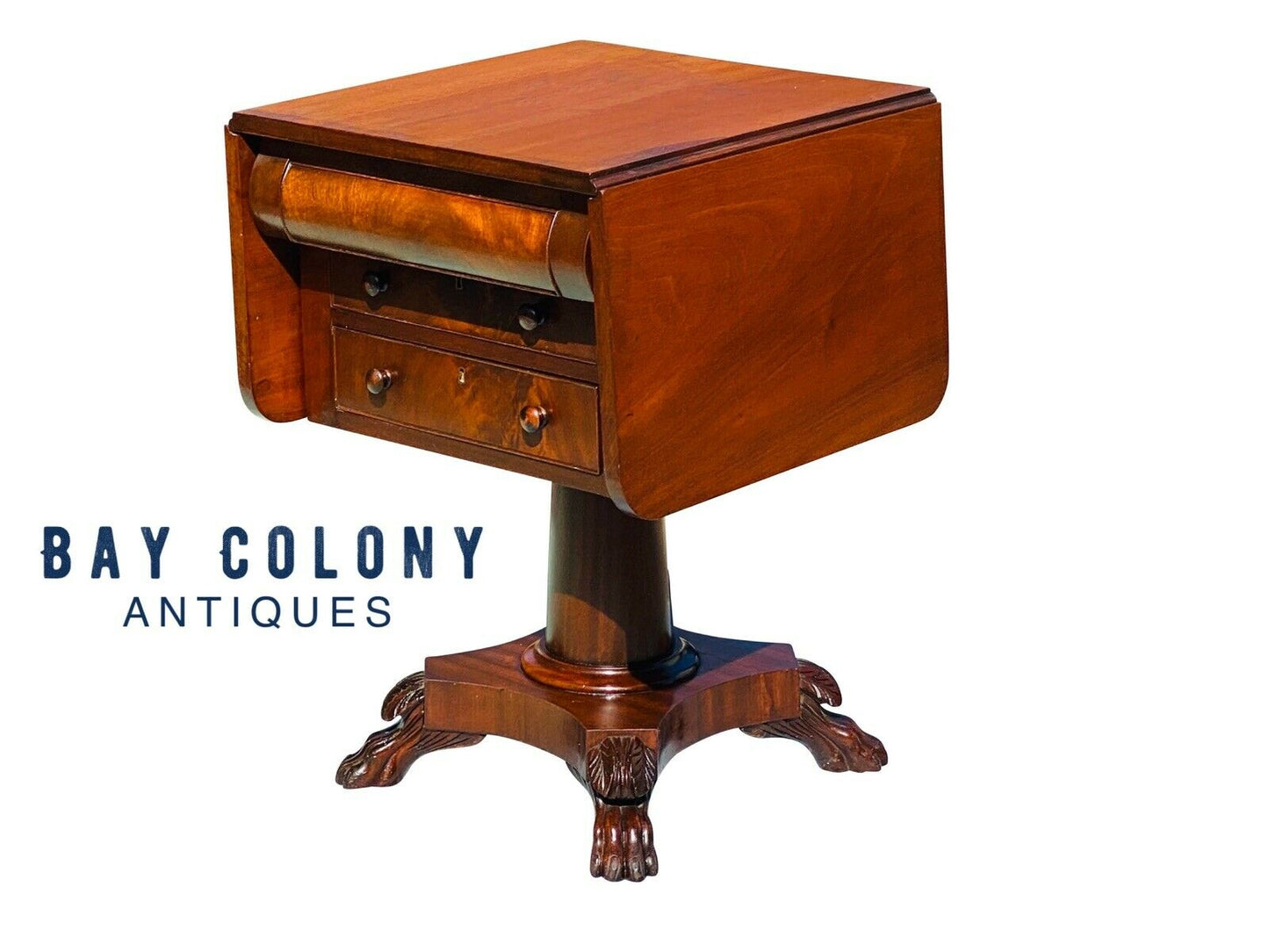 19TH C ANTIQUE AMERICAN EMPIRE MAHOGANY 3 DRAWER WORK TABLE / NIGHTSTAND
