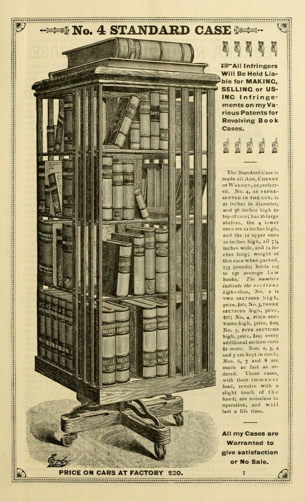 19th C Antique Victorian Tiger Oak Danner 5 Tier Revolving Bookcase - Standard 5