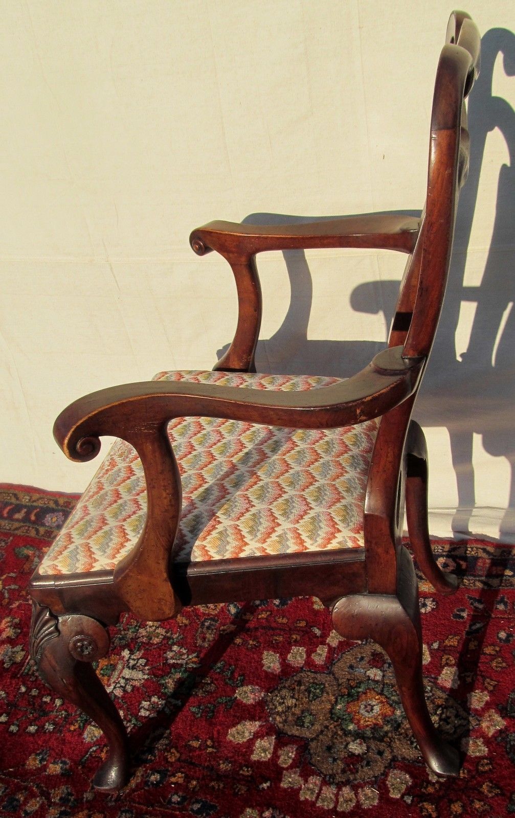 EXCEPTIONAL QUEEN ARM CARVED ARM CHAIR IN BURLED WALNUT WITH SLIPPER FEET-LOOK!