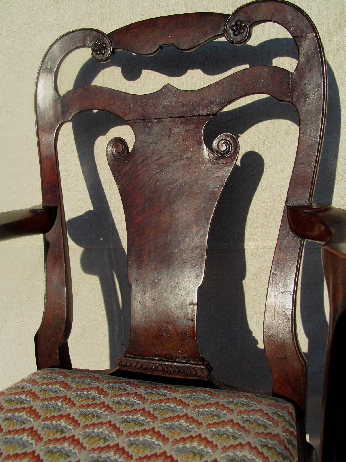 EXCEPTIONAL QUEEN ARM CARVED ARM CHAIR IN BURLED WALNUT WITH SLIPPER FEET-LOOK!