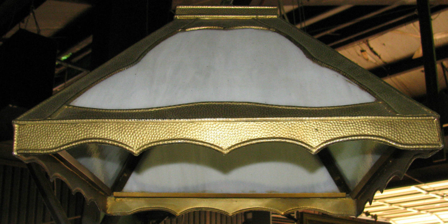 ARTS & CRAFTS PERIOD METAL & SLAG GLASS PANEL CHANDELIER W/ORIGINAL CHAIN