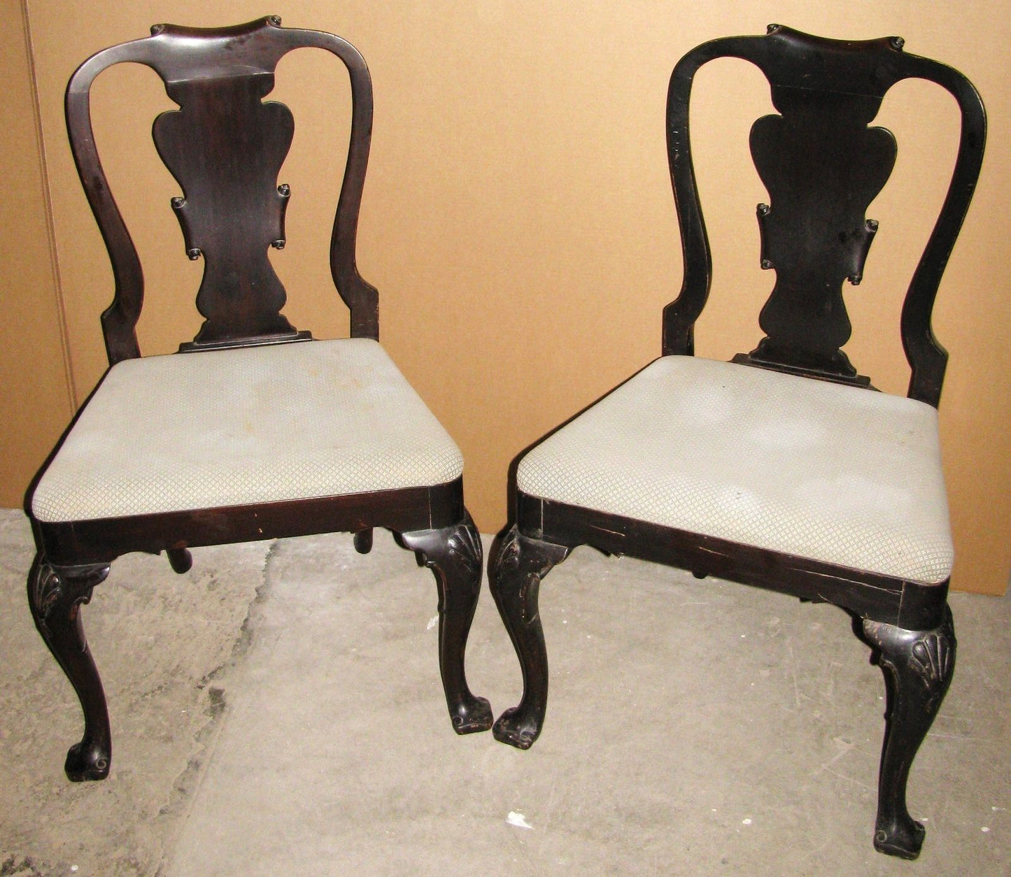 LATE 19TH CENTURY PAIR OF EBONIZED & CARVED QUEEN ANNE SPANISH FOOT SIDE CHAIRS