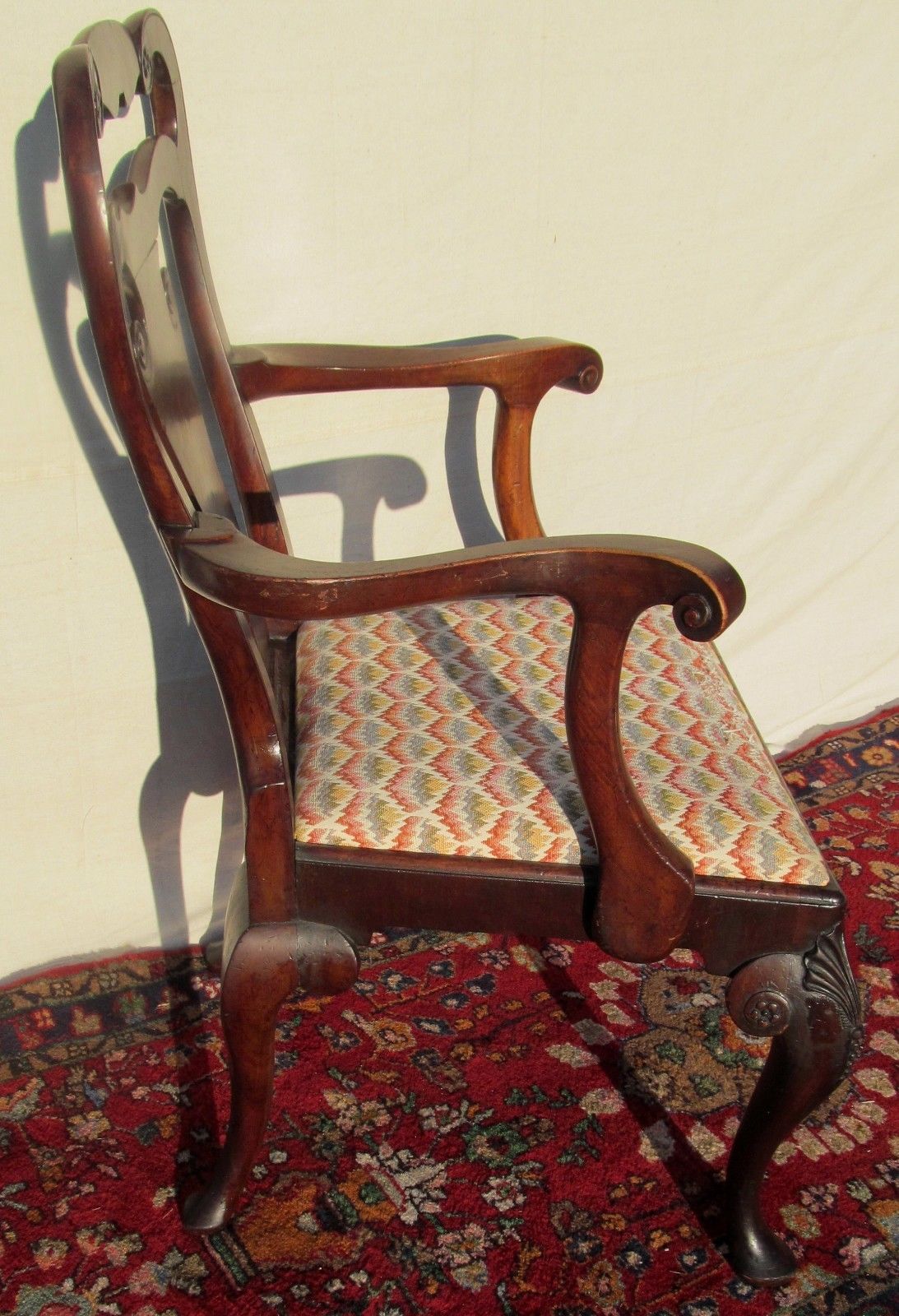 EXCEPTIONAL QUEEN ARM CARVED ARM CHAIR IN BURLED WALNUT WITH SLIPPER FEET-LOOK!