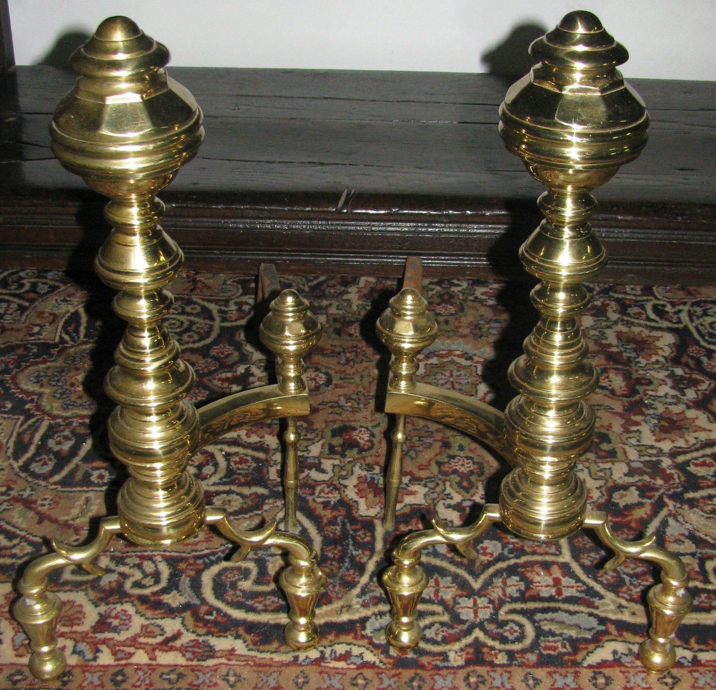 PAIR OF CHIPPENDALE STYLE BRASS ANDIRONS ON BALL FEET - EXCEPTIONAL