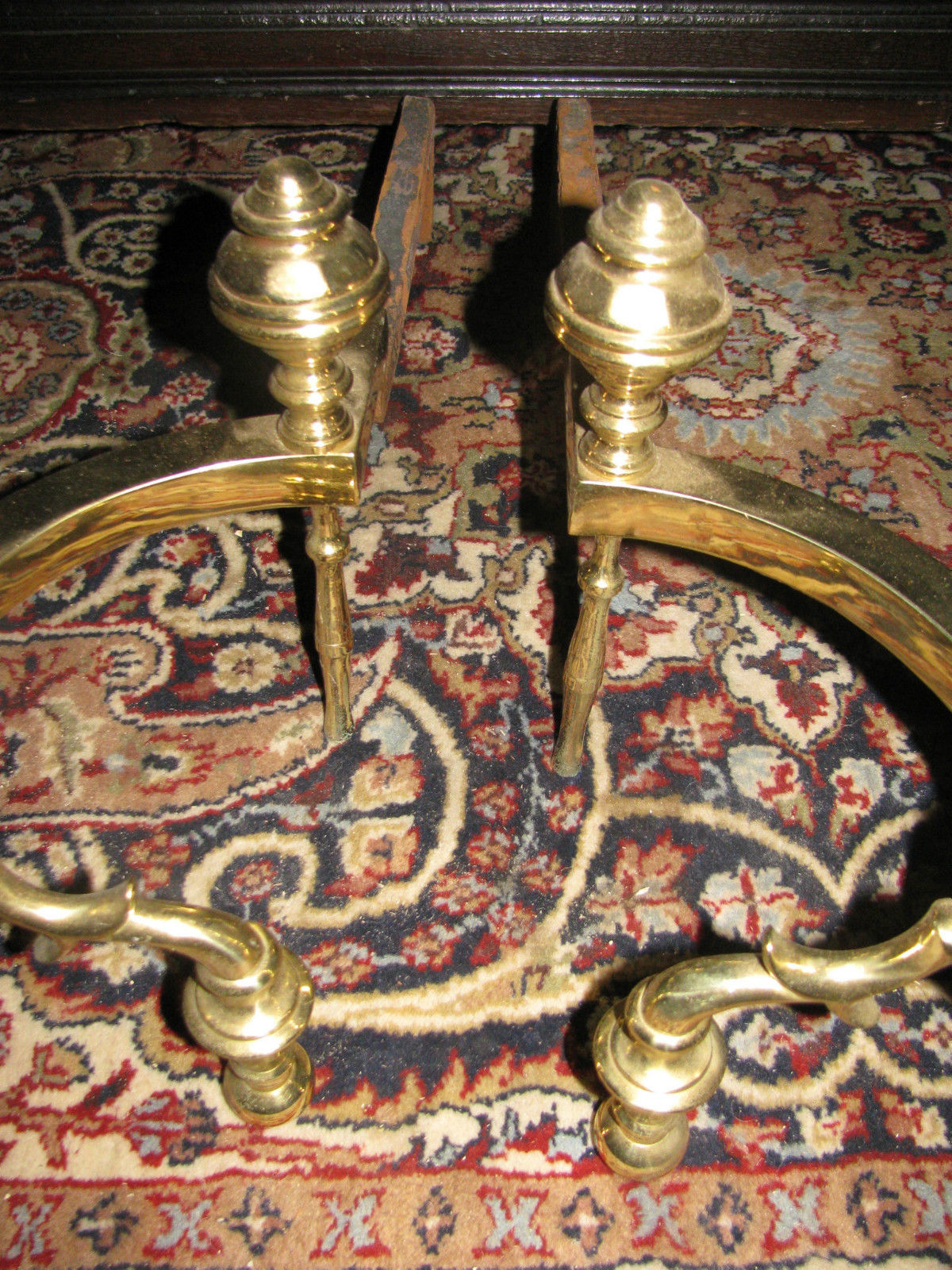 PAIR OF CHIPPENDALE STYLE BRASS ANDIRONS ON BALL FEET - EXCEPTIONAL