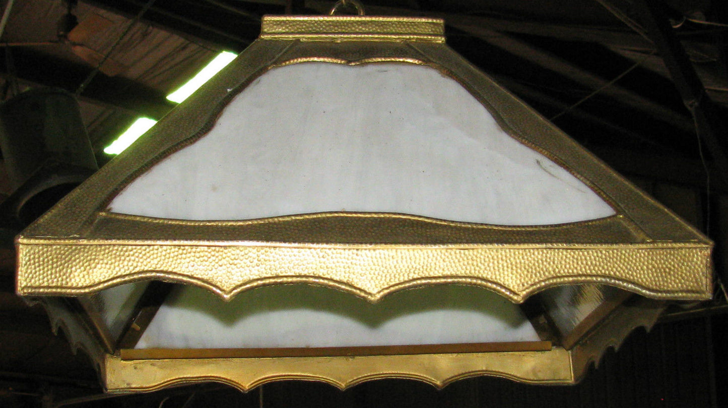 ARTS & CRAFTS PERIOD METAL & SLAG GLASS PANEL CHANDELIER W/ORIGINAL CHAIN