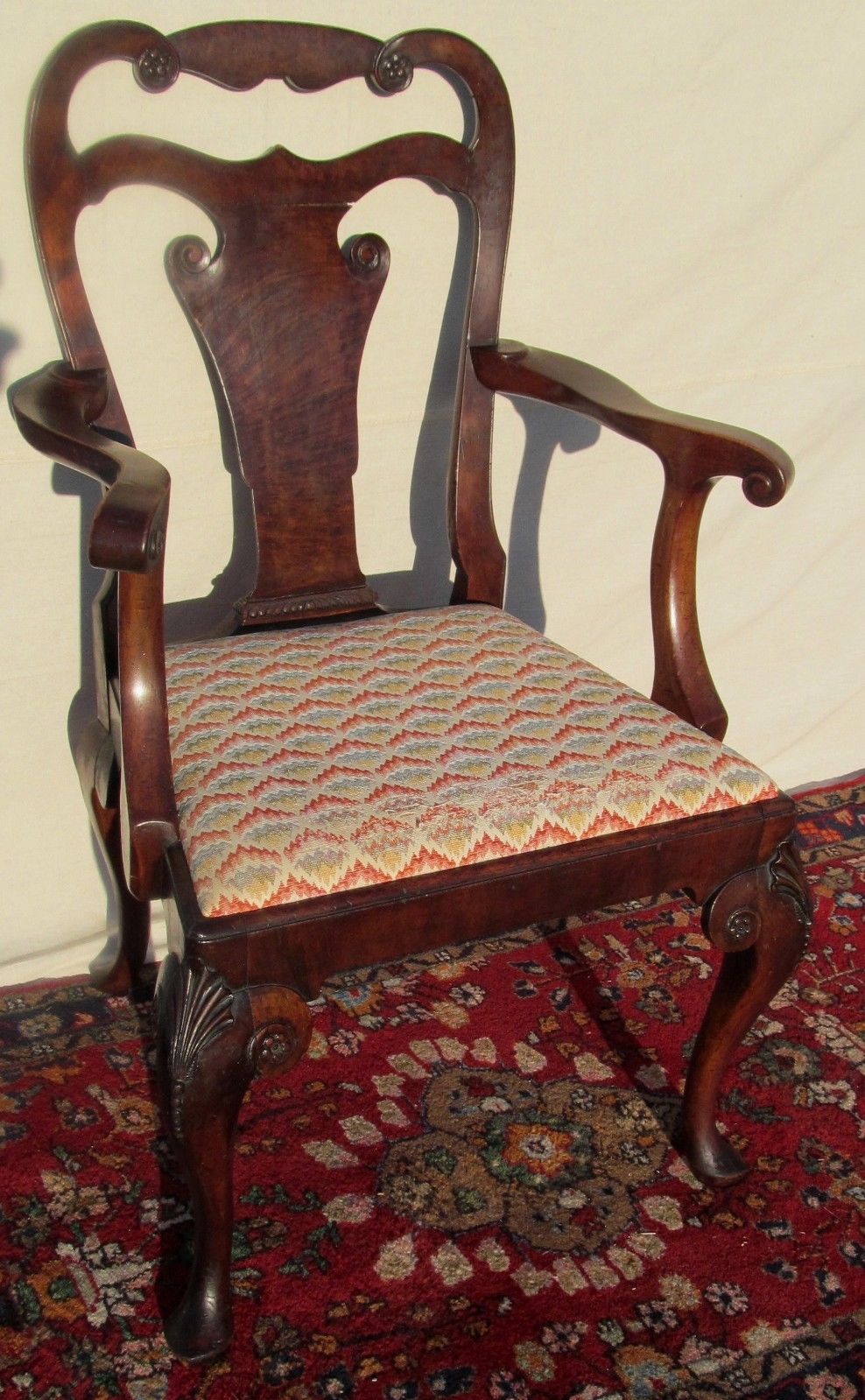 EXCEPTIONAL QUEEN ARM CARVED ARM CHAIR IN BURLED WALNUT WITH SLIPPER FEET-LOOK!