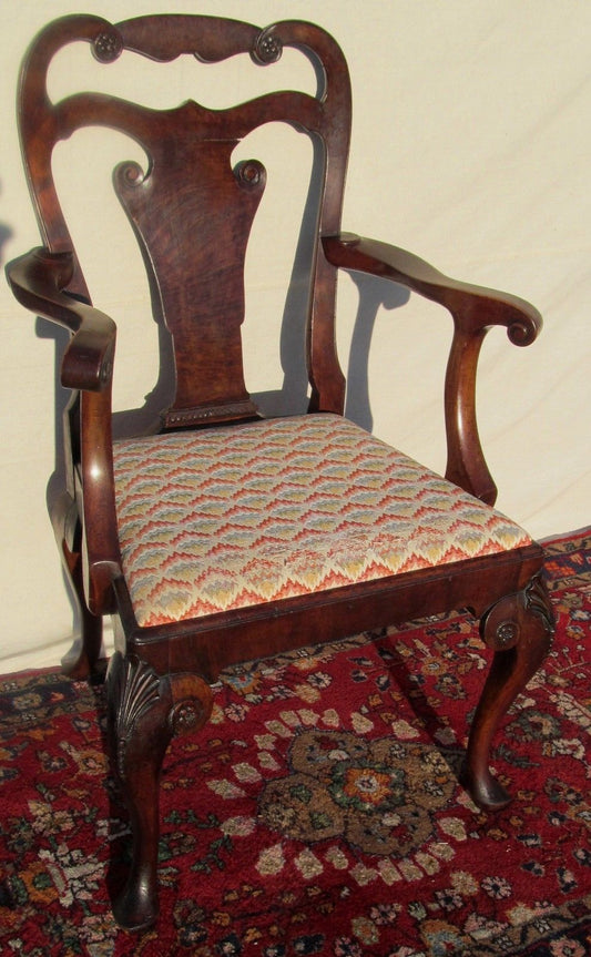 EXCEPTIONAL QUEEN ARM CARVED ARM CHAIR IN BURLED WALNUT WITH SLIPPER FEET-LOOK!