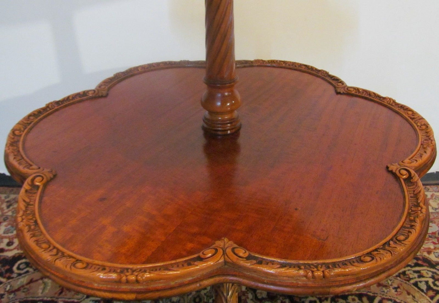 FINE CUSTOM FRENCH CARVED SATINWOOD PIE CRUST 2 TIER TABLE W/SNAIL CARVED FEET
