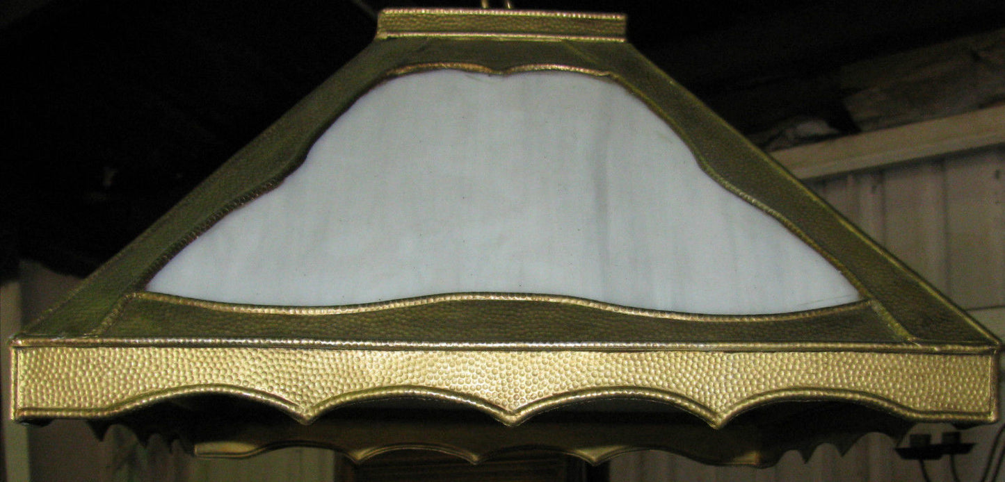 ARTS & CRAFTS PERIOD METAL & SLAG GLASS PANEL CHANDELIER W/ORIGINAL CHAIN